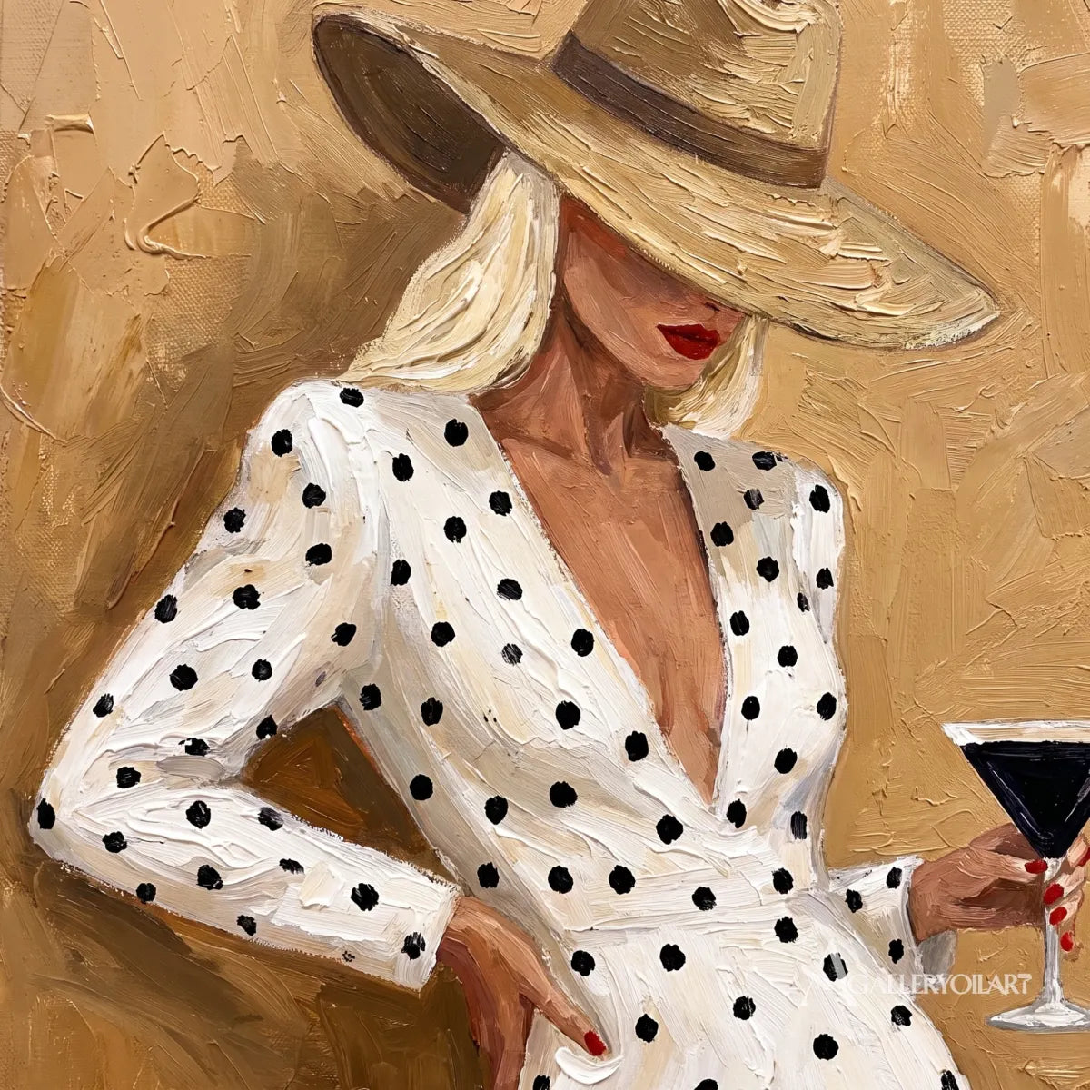Close-up-of-a-dotted-white-dress-and-broad-hat-in-a-raised-texture-beige-portrait-painting