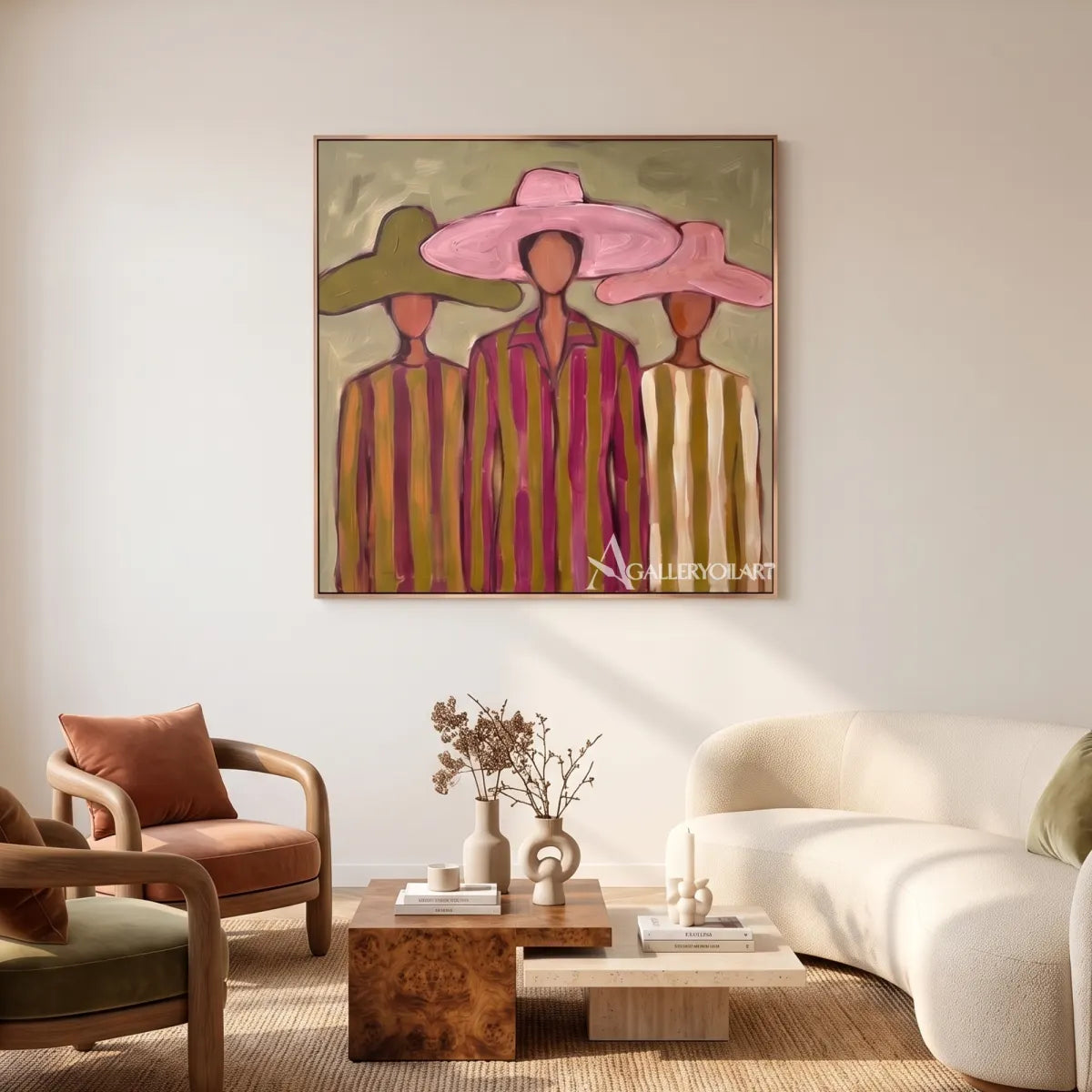 stylized-women-beneath-broad-brims-portrait-art-pink-and-olive-wall-art-in-a-neutral-living-room
