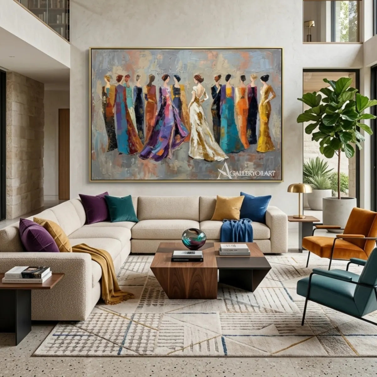 Women-in-colorful-gowns-textured-portrait-art-gray-and-blue-living-room