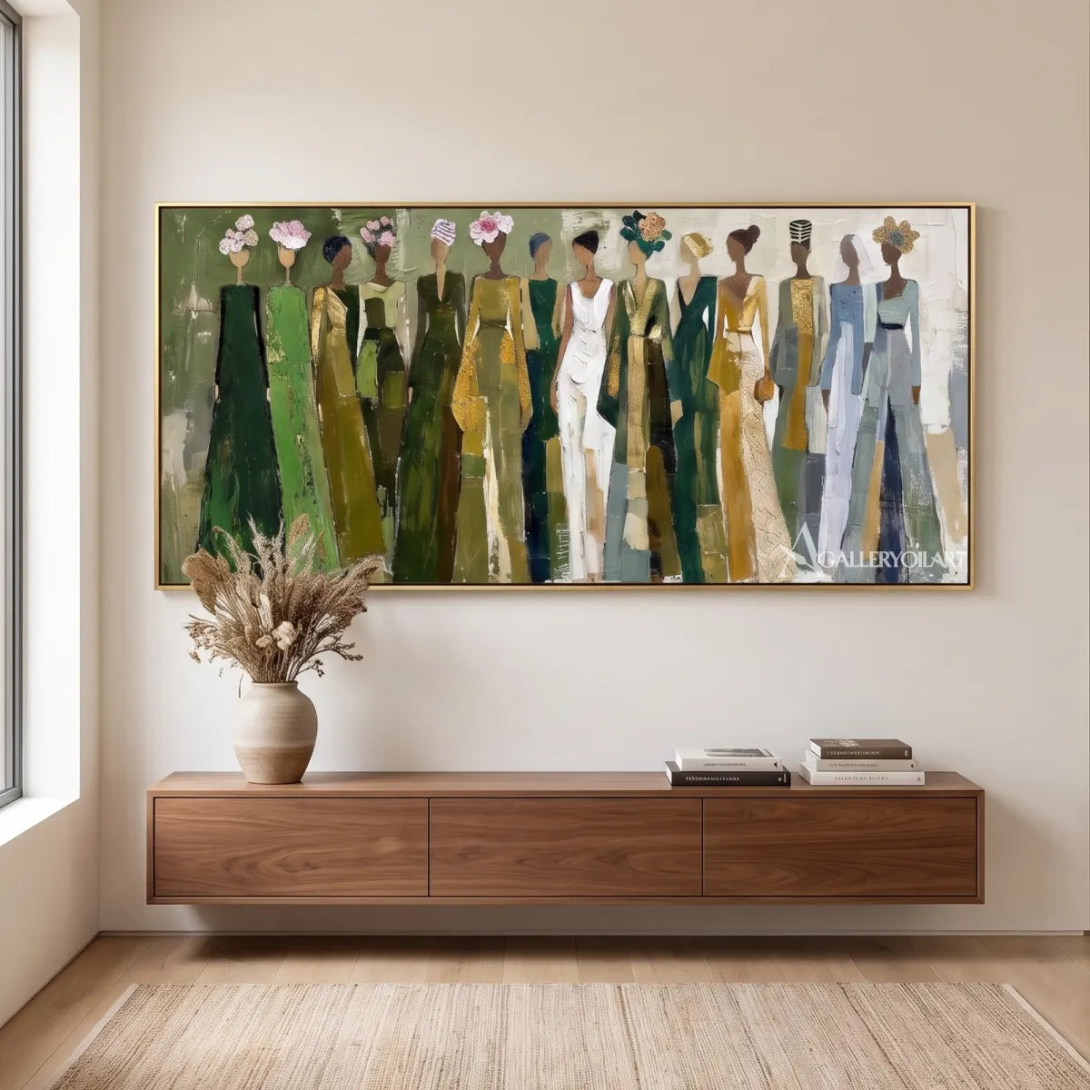 line-of-women-portrait-art-olive-green-and-cream-wall-art-above-a-console-table