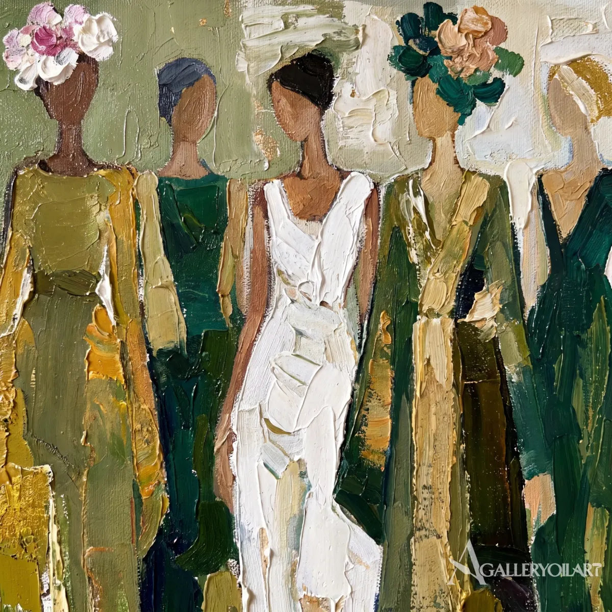 close-up-of-women-in-olive-green-and-cream-clothing-in-a-figurative-portrait-art