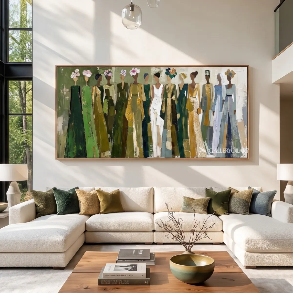 line-of-women-portrait-art-olive-green-and-cream-wall-art-in-a-bright-windowed-living-room