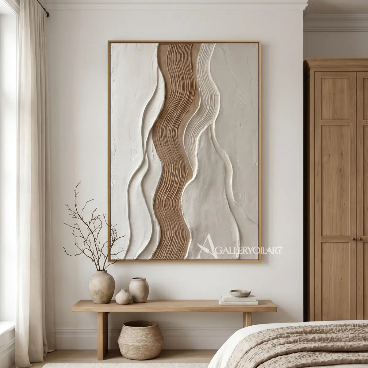 undulating raised bands gathered into a warm central current in beige and ivory textured 3d art wall art in a bedroom setting