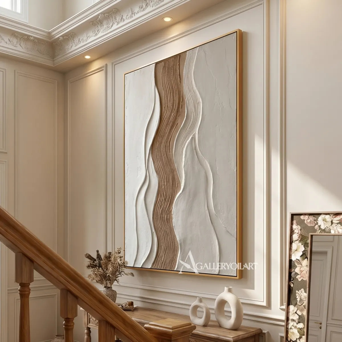 undulating raised bands gathered into a warm central current in beige and ivory textured 3d art wall art in a console room setting