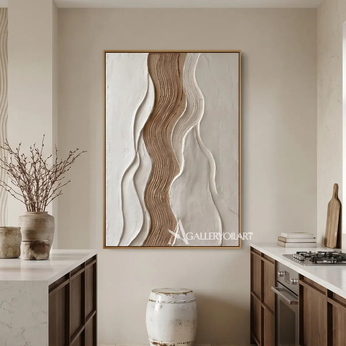 undulating raised bands gathered into a warm central current in beige and ivory textured 3d art wall art in a gallery wall setting
