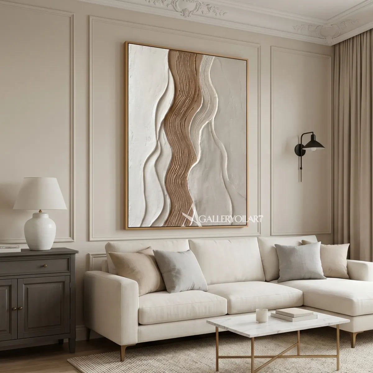 undulating raised bands gathered into a warm central current in beige and ivory textured 3d art wall art in a living room setting
