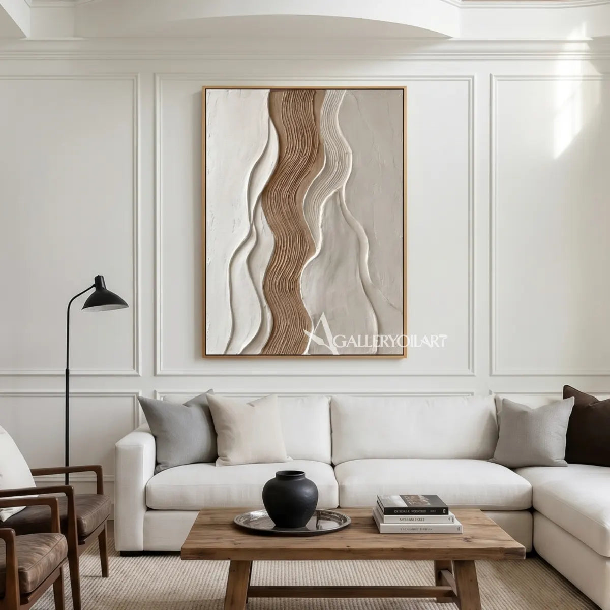 undulating raised bands gathered into a warm central current in beige and ivory textured 3d art wall art in a minimal interior setting