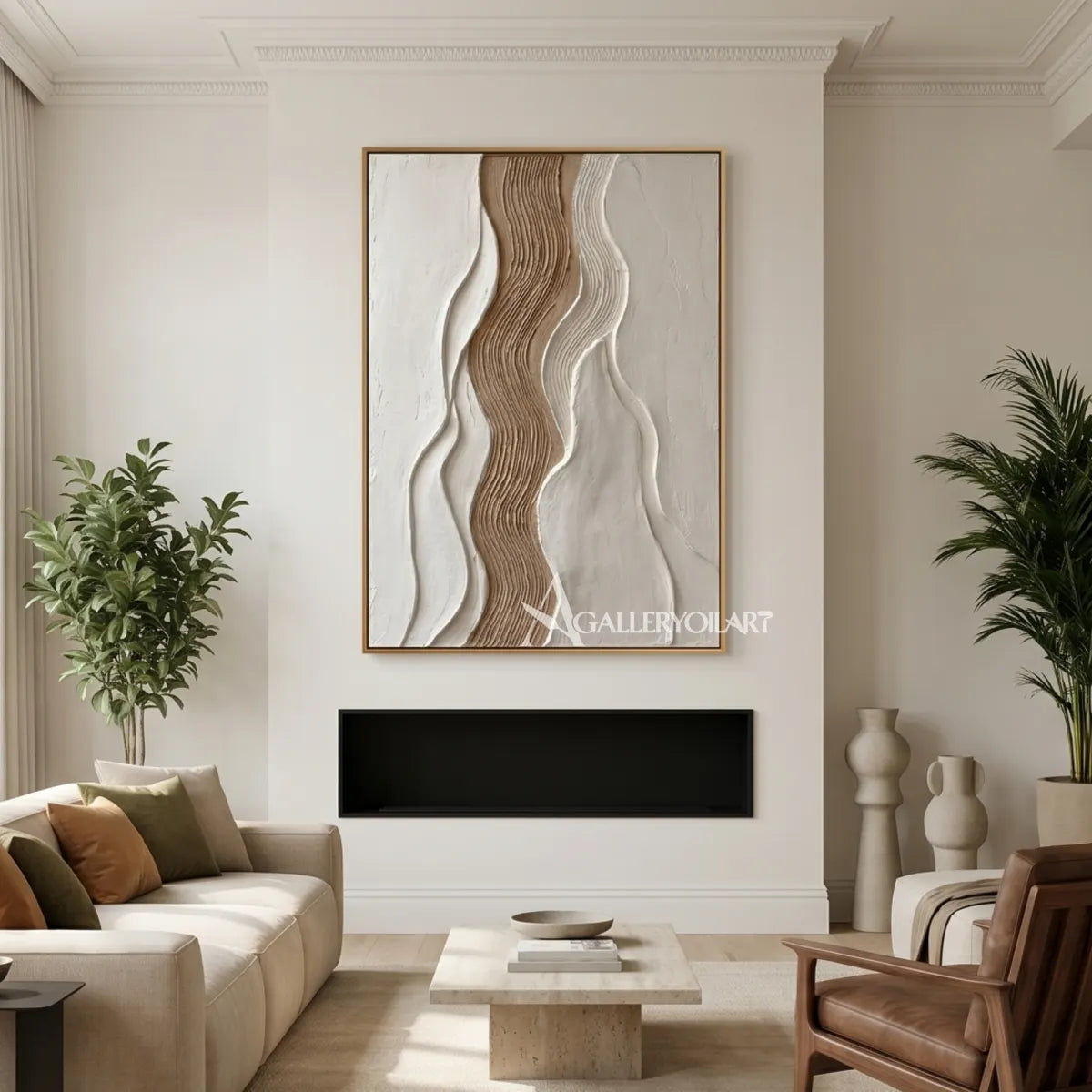 undulating raised bands gathered into a warm central current in beige and ivory textured 3d art wall art in a modern interior setting
