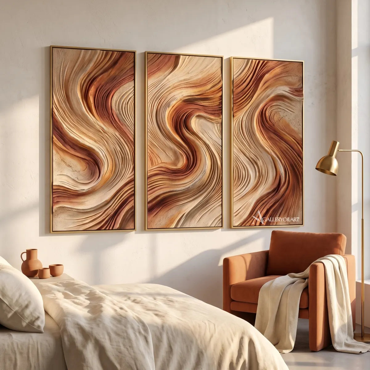 woven currents textured-3d beige wall art in a warm modern interior 1